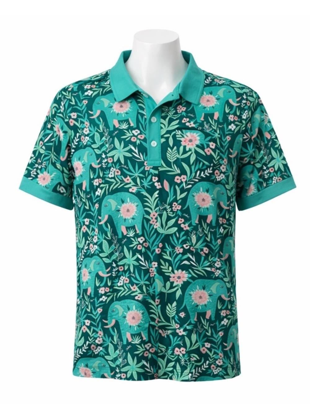 Size S Rolo Golf Men’s Elephant Print Golf‎ Polo Shirt Green Floral Short Sleeve